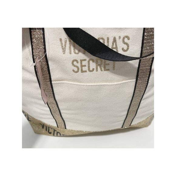 Victoria’s Secret Canvas Tote Structured Shoulder Bag Gold Glitter Cream Color - Picture 5 of 12